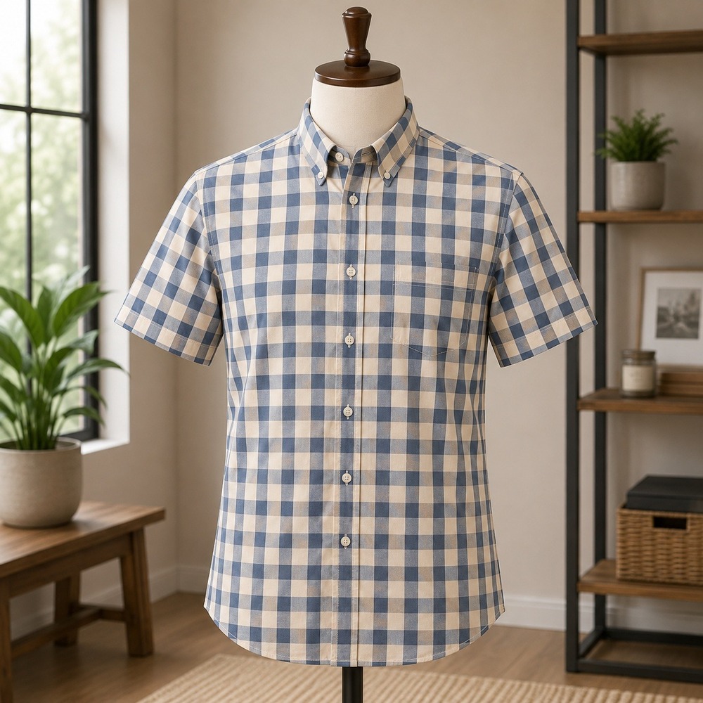Roundtree & Yorke Button Down Shirt  Large Blue Tan Plaid Short Sleeve Cotton